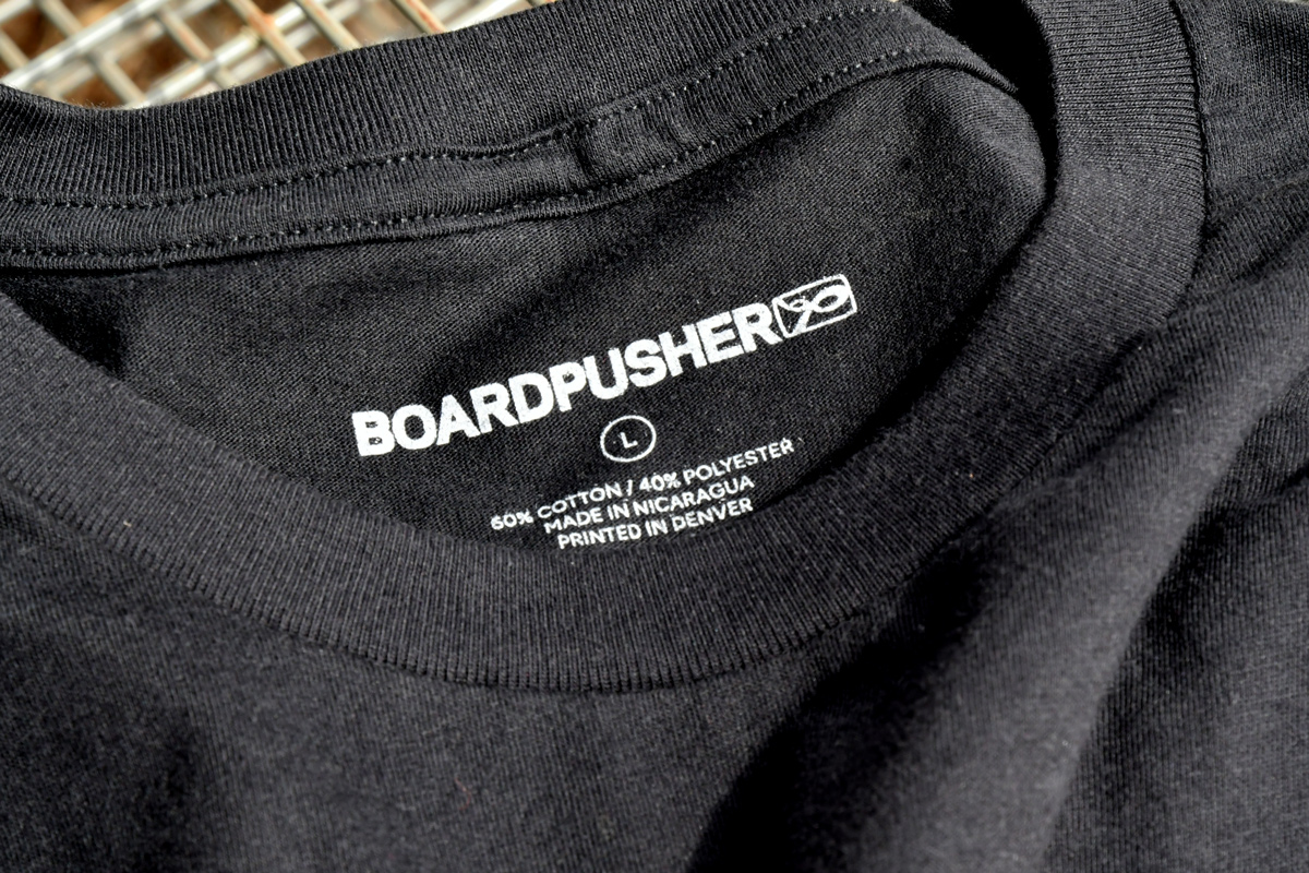 BoardPusher branded screened inner label detail